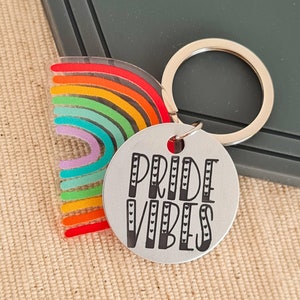 LGBTQ Pride Keychain – Rainbow Acrylic Charm + Laser Engraved &quot;Pride Vibes&quot; Tag – Customizable Gift for Gay Pride