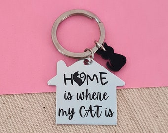 Home is where my cat is keychain, house keychain for cat lovers, personalized cats keyring, customizable gift for cat lover