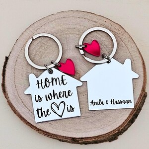 First home keychain, personalized keyfob for new home, custom engraving couples keyring, moving house gift image 1