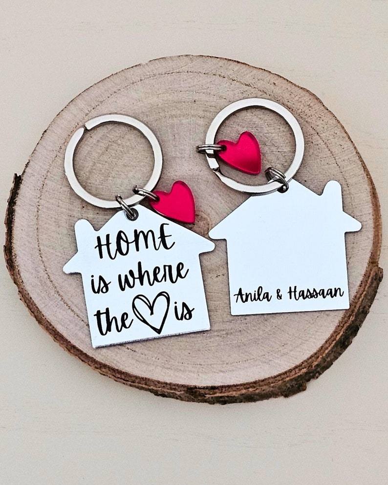First home keychain, personalized keyfob for new home, custom engraving couples keyring, moving house gift image 1
