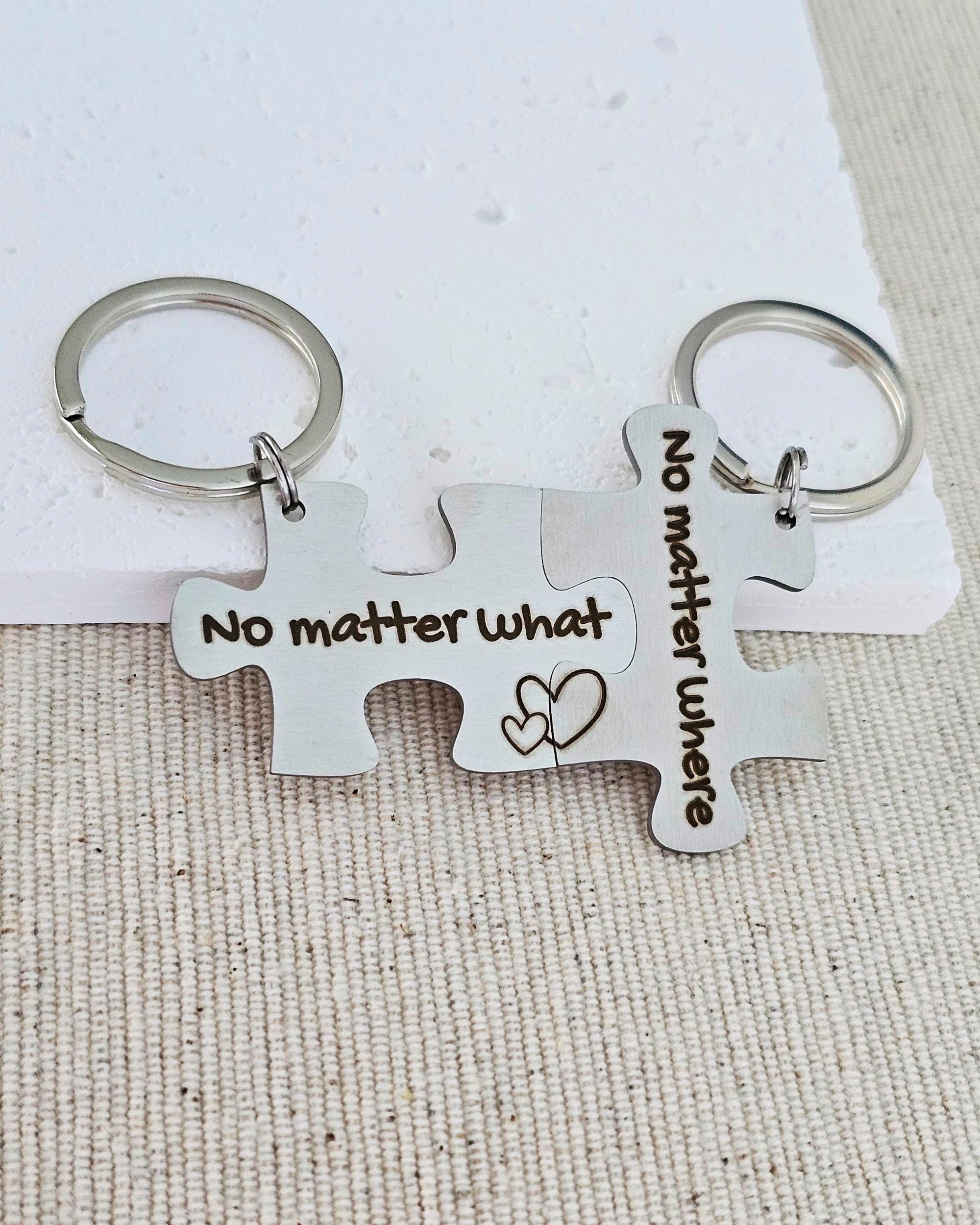 Couple's Puzzle Keychain Set - "No Matter What, No Matter Where" Laser Engraved Stainless Steel Gift