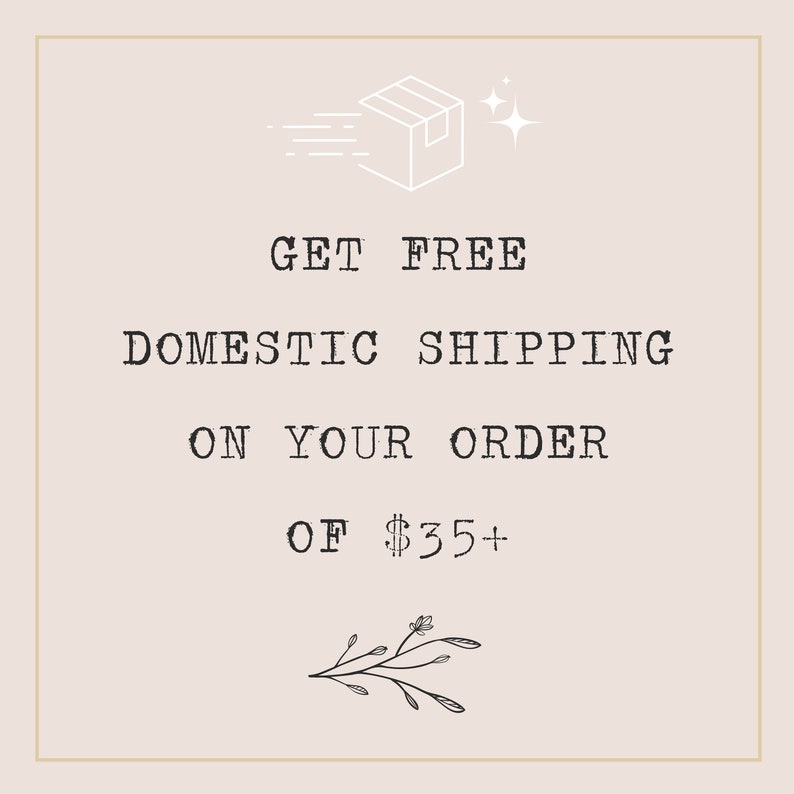 Op de afbeelding: Een afbeelding met een witte doos en sterren, met de tekst "GET FREE DOMESTIC SHIPPING ON YOUR ORDER OF $35+"