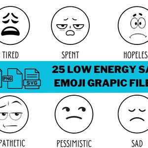 Clip Art de emoción 25 gráficos de emoji tristes de BAJA energía: 25 PNG, JPG, SVG. Apoyo para sentimientos y emociones, imágenes prediseñadas de emociones para niños y niños pequeños