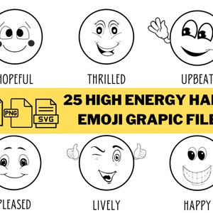 Clip Art de emoción 25 gráficos de emoji felices de alta energía: 25 PNG, JPG, SVG. Apoyo para sentimientos y emociones, imágenes prediseñadas de emociones para niños y niños pequeños