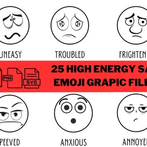 Clip Art de emoción 25 gráficos de emoji tristes de ALTA energía: 25 PNG, JPG, SVG. Apoyo para sentimientos y emociones, imágenes prediseñadas de emociones para niños y niños pequeños