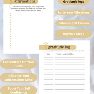 May include: A printable worksheet with a light blue background and gold accents. The worksheet is divided into two sections: affirmations and gratitude logs. The affirmations section includes a list of affirmations, such as "Raise Your Vibrations" and "Enhance Self Esteem". The gratitude logs section includes a table with columns for date and "Today, I am grateful for."