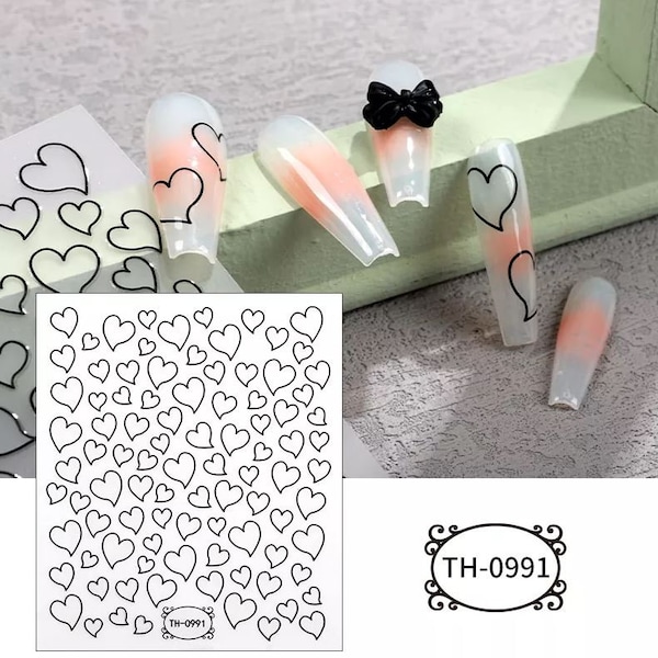 Heart Nail Decals/Cute Black Heart Nail Art Stickers/Self Care
