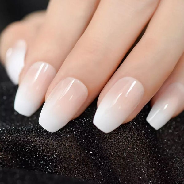 Ombre French Ballerina Shape Press on Nails/ Medium Press on Nails/24 Pcs Artificial Nails