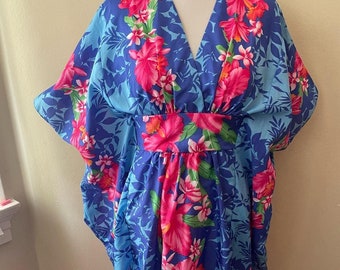 Vintage Women's Aloha Caftan Dress Royal Creations Blue with Pink Floral Print OSFM