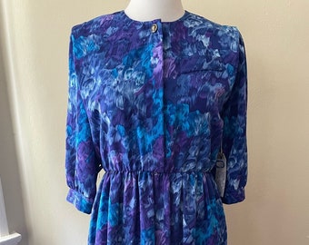 Size L - Vintage 80s Blue Watercolor Breli Originals Secretary Dress