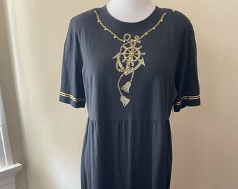 Size XL - Vintage 90s Black & Gold Nautical Dress