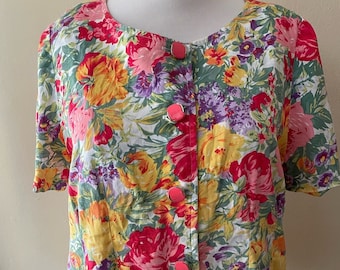 Talla L - Blusa Vintage 90s Floral Rosa & Amarilla con Botones