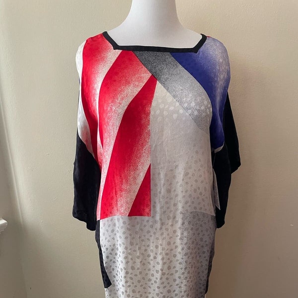 Size M - Vintage Flora Kung Silk Dress Size 14 Geometric Patterns Red, Gray, Black, Purple