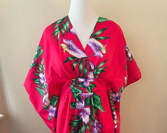 Vintage Women's Aloha Caftan Dress Surfside Sportswear Pink & Purple Floral Print OSFM