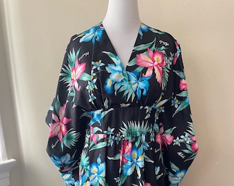 Vintage Women's Aloha Caftan Dress Royal Creations Black with Pink & Blue Floral Print OSFM