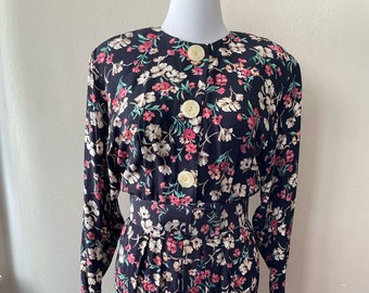 Size L - Vintage 80s Liz Claiborne Black Floral Secretary Dress Size 12