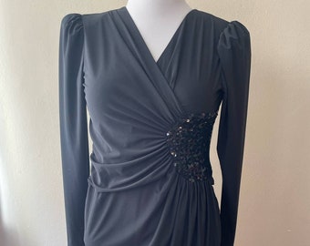 Size S - Vintage 80s Little Black Dress Cocktail Sequin Waist Gather
