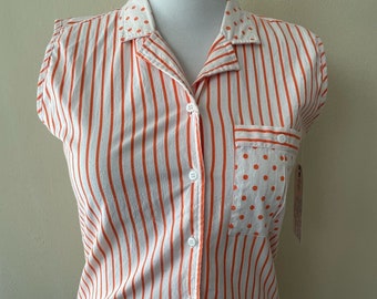 Size M - Vintage 90s Orange & White Striped Polka Dot and Stripe