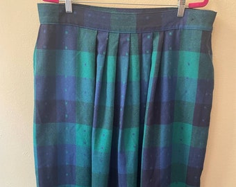 Size 2XL - Vintage 80s Blue & Green Plaid Wool Pencil Skirt Size 22