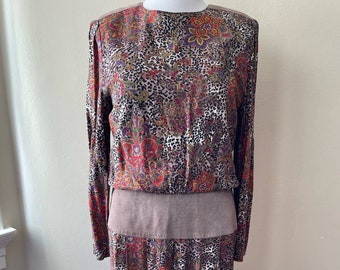 Size L - Vintage 80s Samuel Blue Paisley Animal Print Suede Secretary Dress
