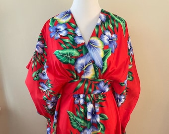Vintage Women&#39;s Aloha Caftan Dress Tamare Red with Purple Floral Print OSFM