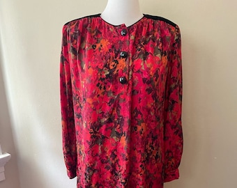 Size 2XL - Vintage 80s Shift Red & Black Floral 80s Dress