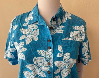 Taglia M - Camicia Aloha floreale blu e bianca vintage anni '90 di Sag Harbor