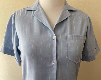 Maat L - Vintage jaren '70 blauw krijtstreep overhemd met korte mouwen