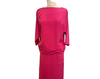 Talla M - Conjunto de falda vintage de dos piezas rosa fuerte hecho a mano