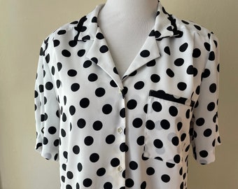 Size L - Vintage Black & White Polka Dot Short Sleeve Shirt Size 12