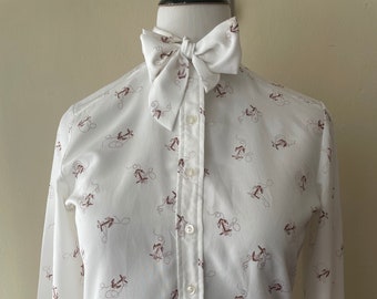 Size M - Vintage Anchors Away Nautical Long Sleeve Button Down with Bow Shirt by Hooper