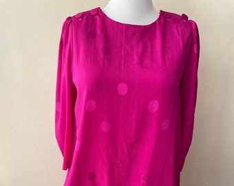 Size L - Vintage Hot Pink 80s Long Sleeve Dress with Drop Waist