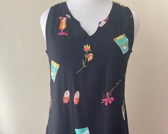 Size L - Vintage Mango Bay Black Tropical Beaded Vacation Sleeveless Dress