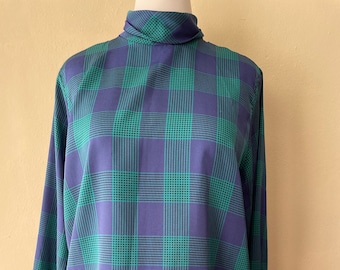 Size XL - Vintage Green & Blue Plaid Blouse with Bow at Back of Neck