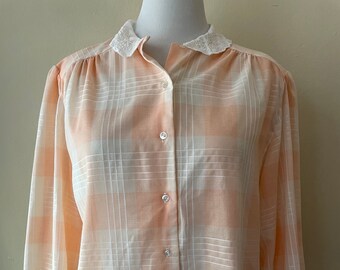 Size XL - Vintage 70s Sweet Orange Plaid Button Down With Peter Pan Collar