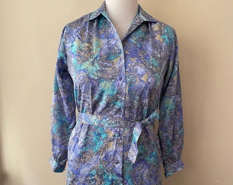 Size L - Vintage Silky Nautical Print Shirt Dress Handmade by The Seagull Shop of Delray Beach