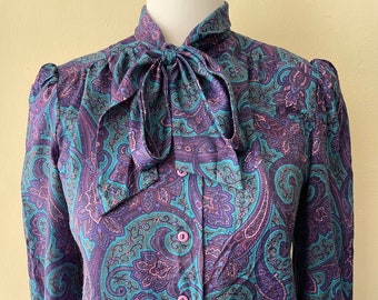 Size M - Vintage Purple Paisley Blouse with Pussy Bow by Charles Carroll