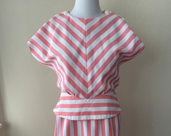 Size L - Vintage 80s Two Piece Pink & White Striped Leslie Fay Set
