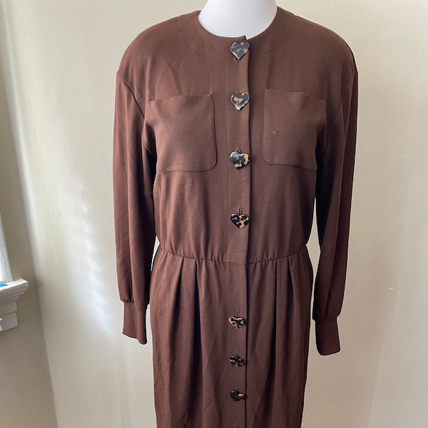 Size XL - Vintage Brown Button Up Dress With Tortoise Heart Buttons Size 14