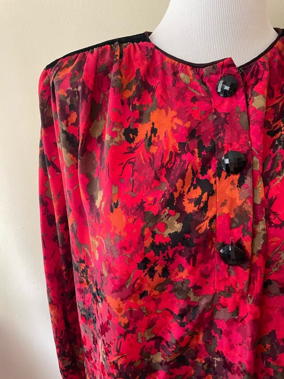 Size 2XL - Vintage 80s Shift Red & Black Floral 8… - image 2