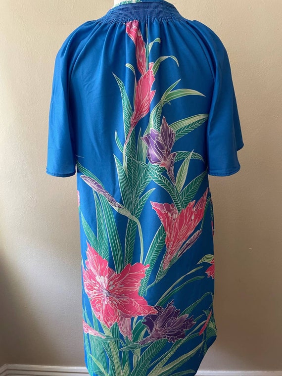 Size L - Vintage 70s Blue Floral Tropical Housedr… - image 5