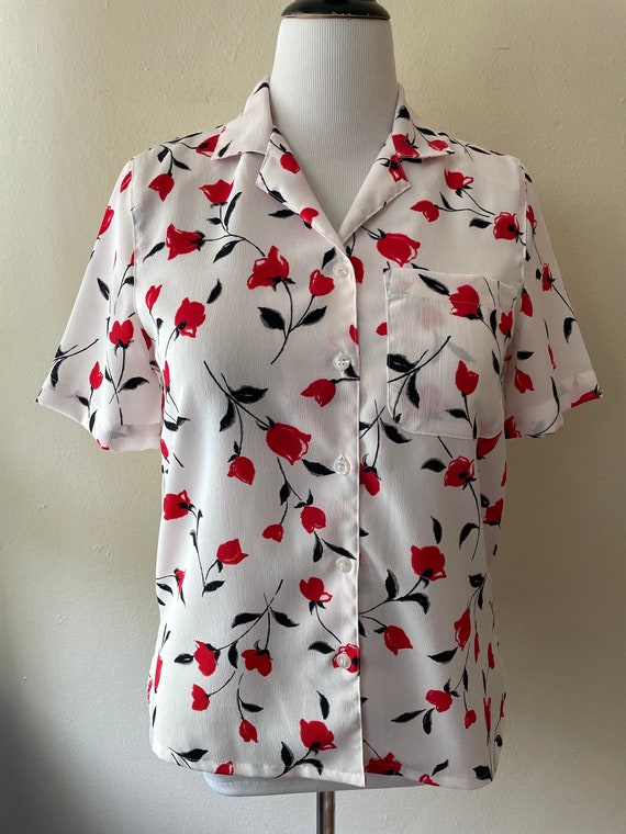 Size M - Vintage 90s Red Floral Blouse by Alfred … - image 1