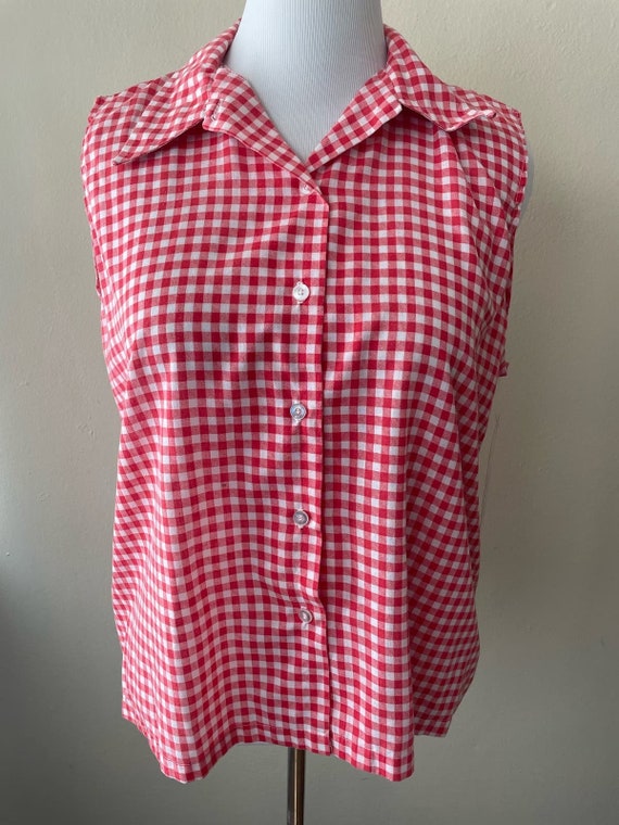 Size XL - Vintage 70s Red Gingham Sleeveless Blouse - Etsy