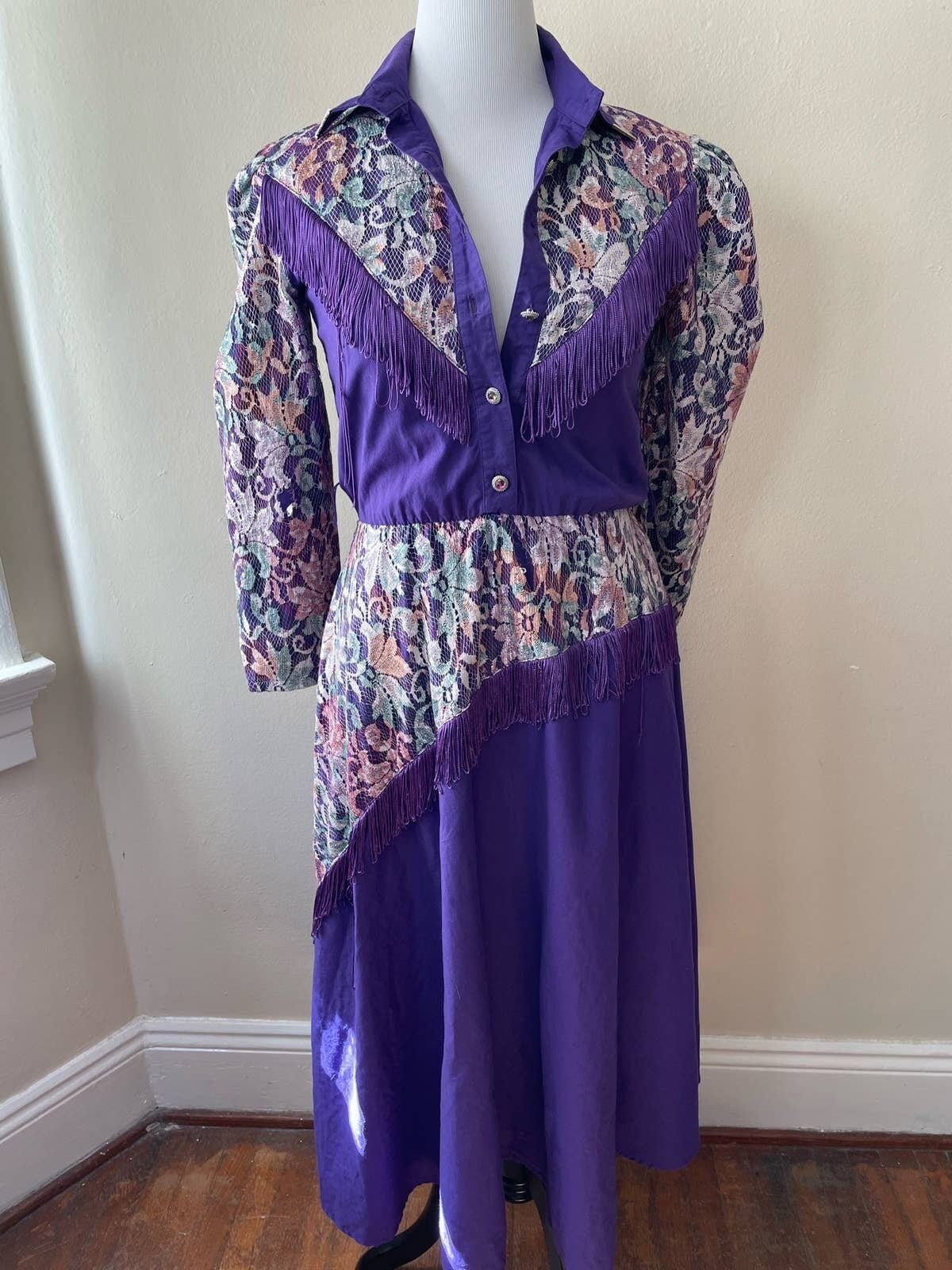Size L - Vintage 80s Lillia Smith Purple Rodeo Fringe Dress Size 9/10 FLAWED