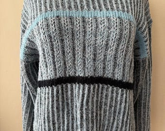 Talla XL - Suéter acrílico de rayas azules vintage de los años 80