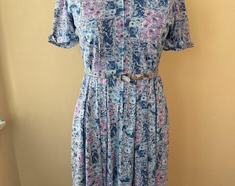 Size L - Vintage 60s Blue Floral Shelton Stroller Dress Size 16