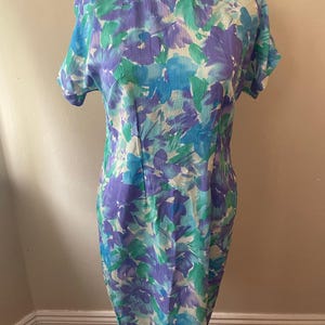 Size L - Vintage Blue and Purple Floral Print Handmade Dress