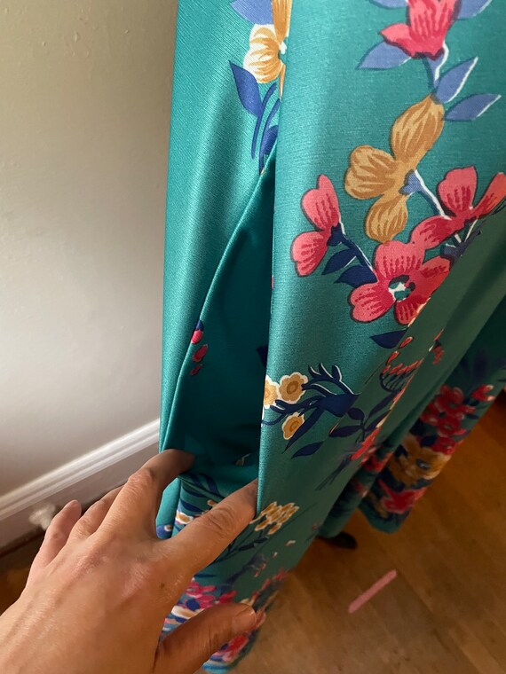 Size M - Vintage 1960s Teal Green Floral Housedre… - image 3
