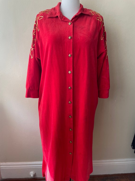 Vintage Red Housedress XL Holiday Gold