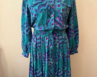 Size L - Vintage 90s Teal Green Peacock Floral Secretary Dress